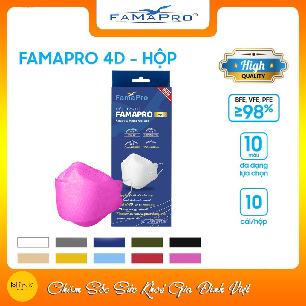 Khẩu trang y tế kháng khuẩn cao cấp Famapro 4D - 98% Lọc Khuẩn, Bụi, Virus [ HỘP 10 CÁI