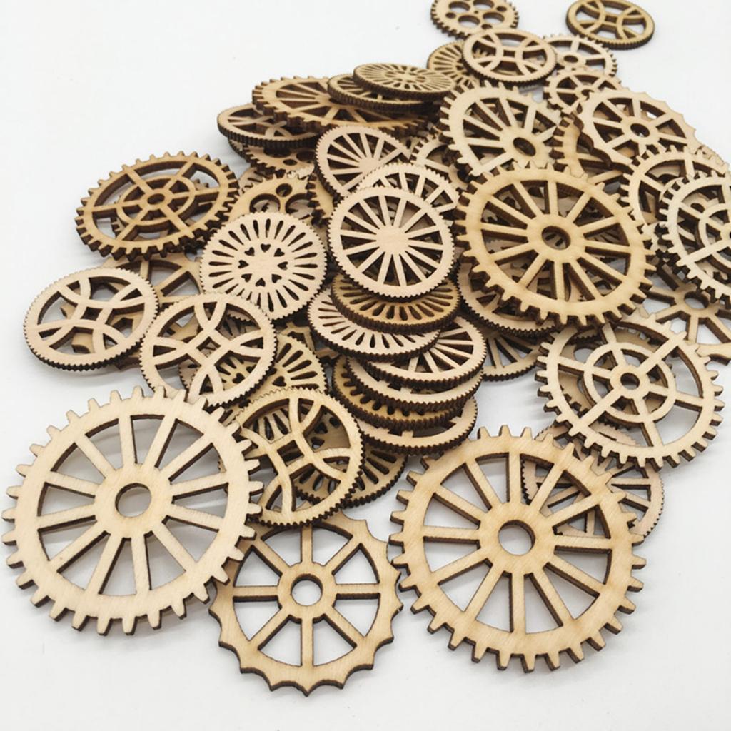 100pcs Mixed Unfinished Blank Wood Wooden Gear Embellishments for DIY Crafts