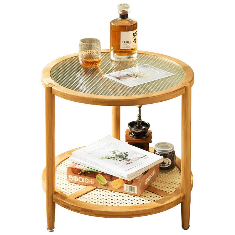 Bàn trà cafe tròn 54x50cm chất liệu gỗ phối Mây mặt kính cường lực cao cấp