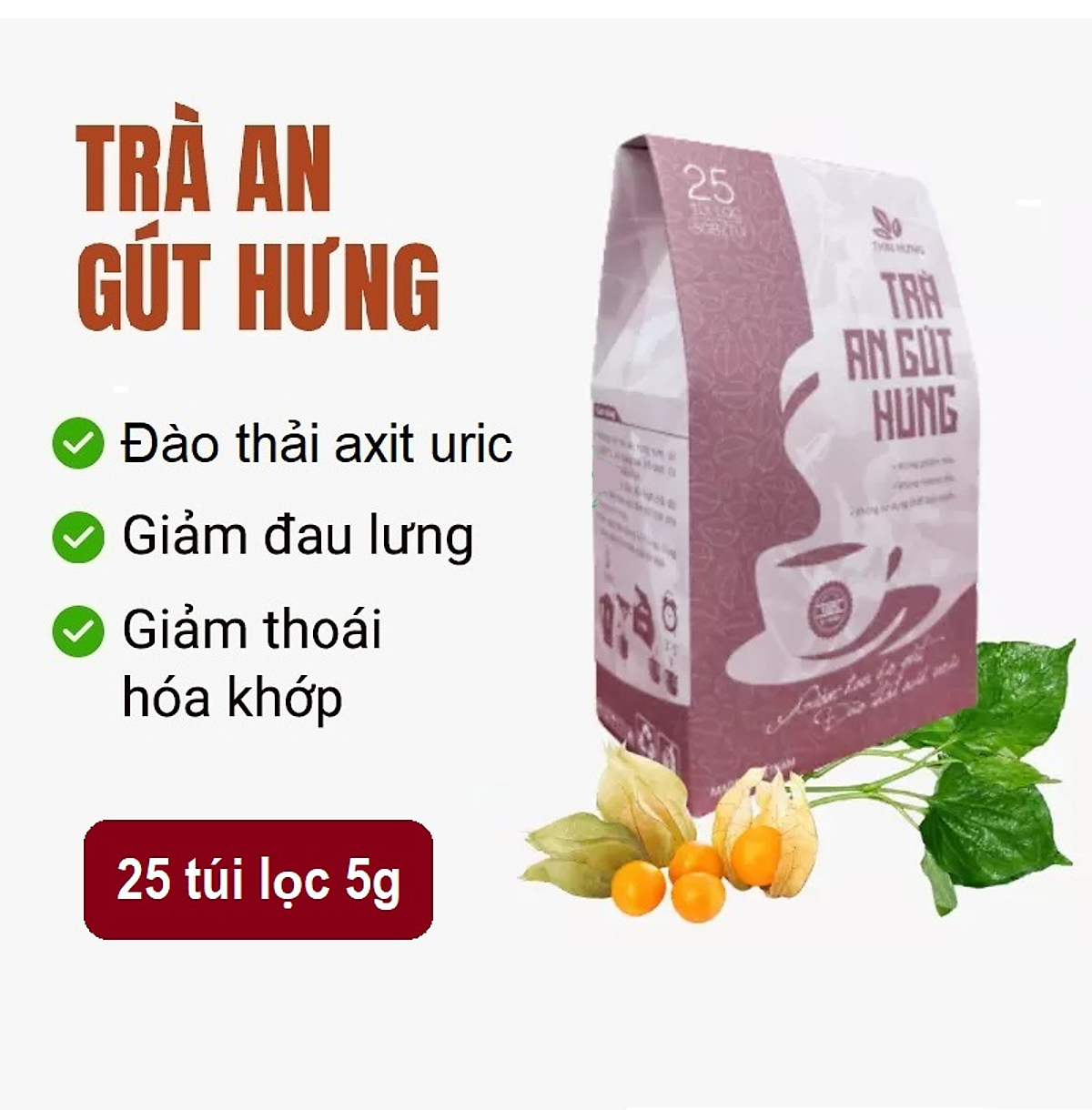 Trà An Gút Hưng Thái Hưng 25 túi lọc x 05g - Hỗ trợ bệnh gút, giảm đau, viêm khớp do bệnh gút, đào thải axit Uric