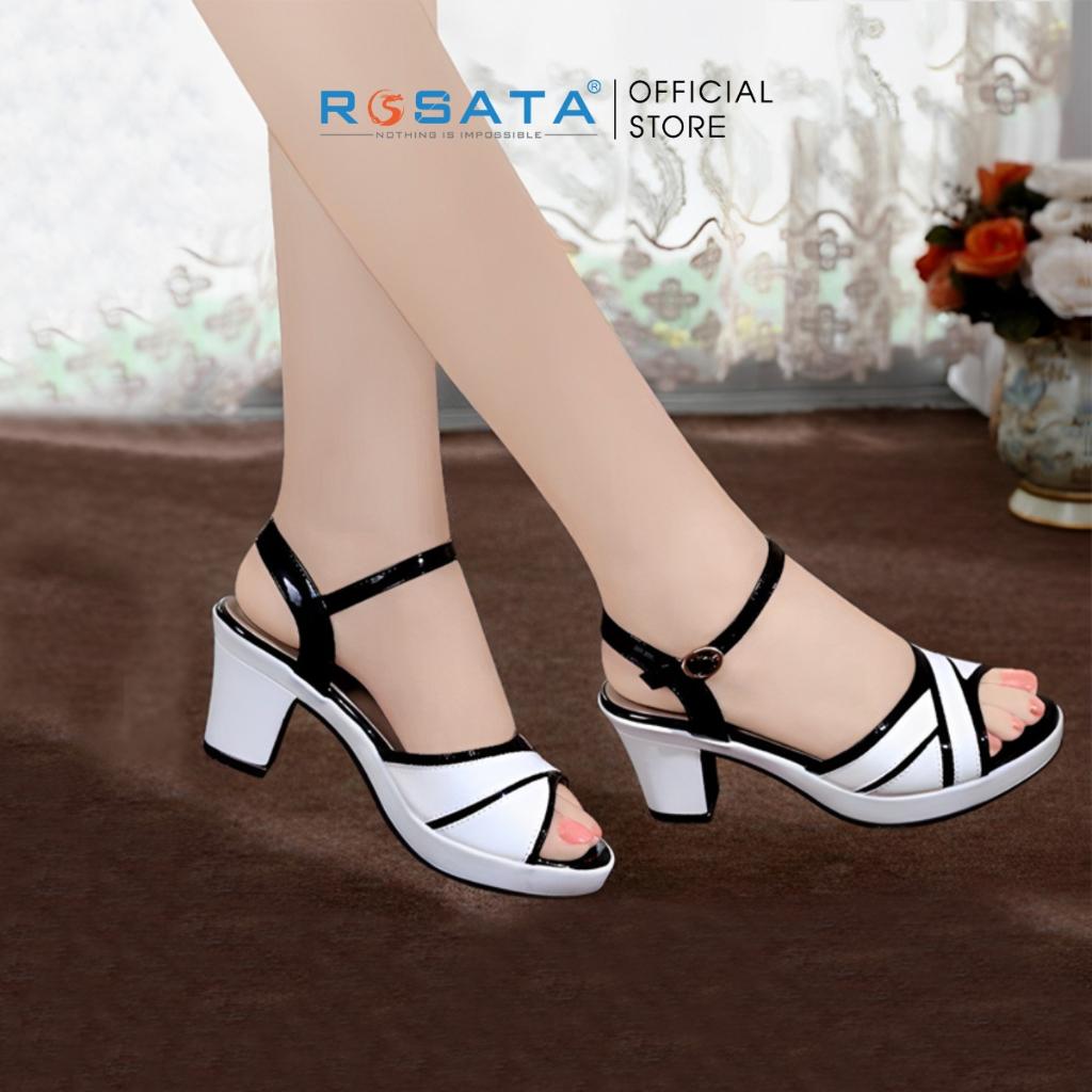 Giày sandal cao gót nữ đế vuông 6 phân mũi tròn quai hậu khóa cài ROSATA RO502 ( Bảo Hành 12 Tháng ) - TRẮNG