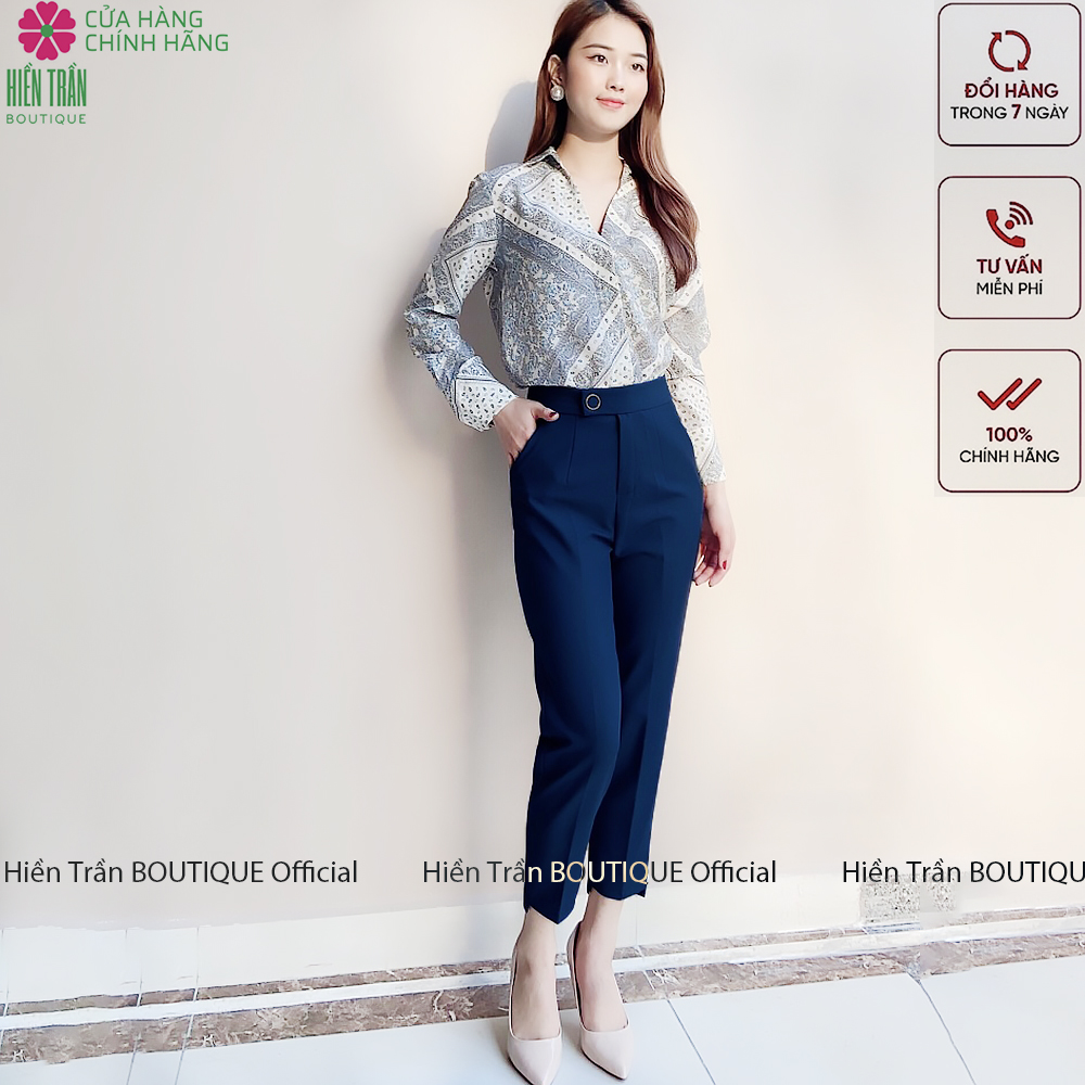 Quần baggy nữ Hiền Trần BOUTIQUE đai tròn đẹp cúc bấm đồ công sở form dáng chuẩn chất vải cao cấp