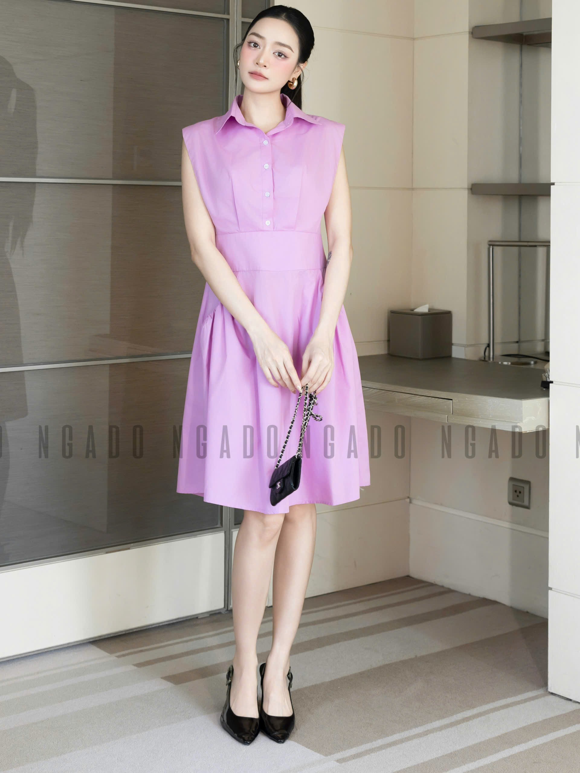 Đầm tím cổ sơ mi NGADO , đầm sơ mi Nữ , đầm công sở