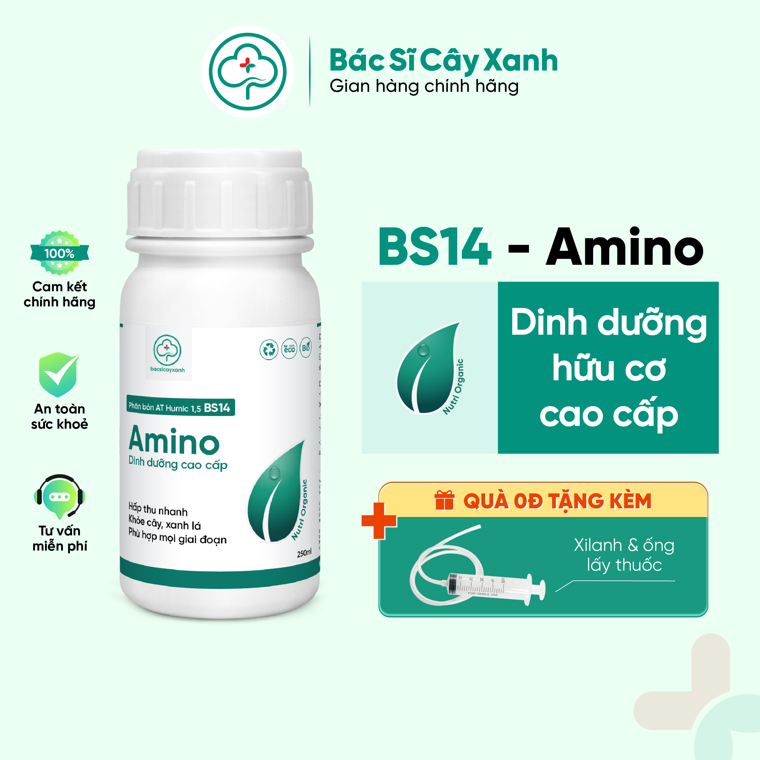 Phân bón lá Humic Amino bổ sung vi lượng giúp cây khoẻ, xanh lá, mập chồi, nhú đọt BS14 250ml NSX Bacsicayxanh