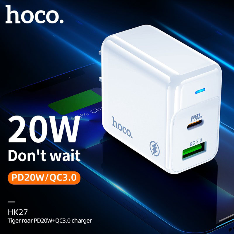 Hình ảnh Cốc sạc PD20W Hoco HK27 chân dẹt cổng USB và Type-C , QC3.0 chất liệu chống cháy cao cấp ( 2 màu ) - Hàng chính hãng