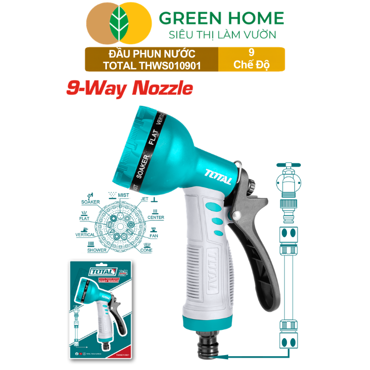 Đầu Phun Nước Total THWS010901 GreenHome, 9 Chế Độ Phun Linh Hoạt,Chất Liệu ABS, Tay Cầm Chống Trượt