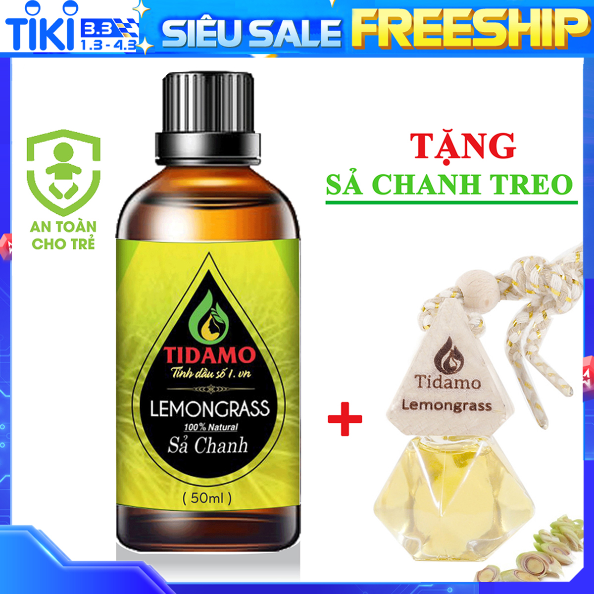 Tinh Dầu Sả Chanh 50ML + Tinh Dầu Treo xe Treo Phòng Sả Chanh (Lemongrass) - Tinh Dầu Xông Phòng Sả Chanh Nguyên Chất TIDAMO Giúp Bảo Vệ Sức Khỏe, Kháng Khuẩn, Đuổi Muỗi Và Thư Giãn Tinh Thần