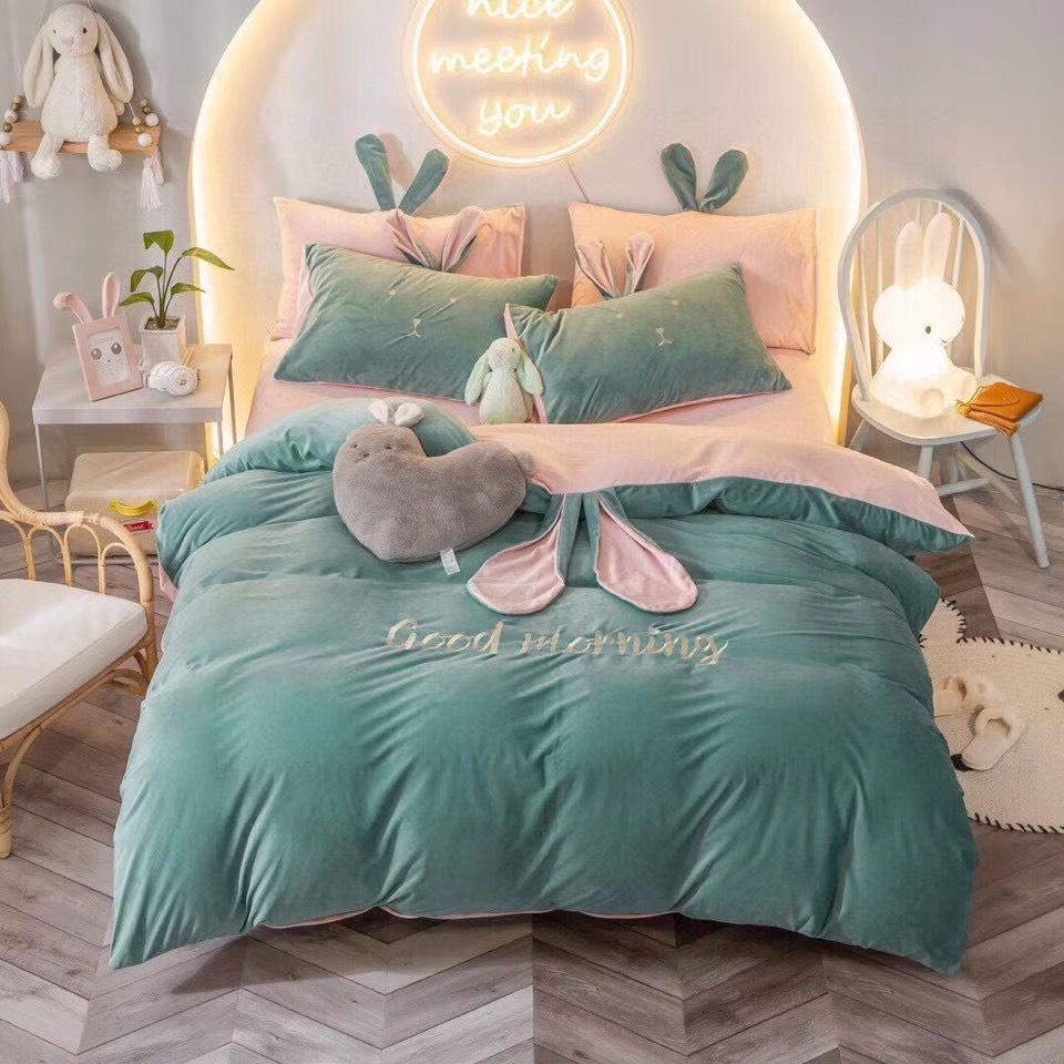 Bộ Chăn Ga Gối Nỉ Nhung Tai Thỏ Cao Cấp Siêu Mềm Mịn - loại 1