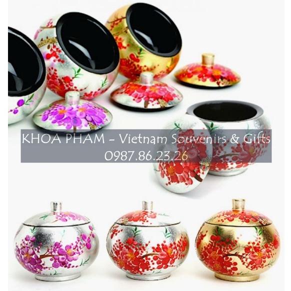 Hũ Sơn Mài Đựng Bánh Kẹo Vẽ Hoa Đào Tết Cỡ Đại Đường Kính 16 cm