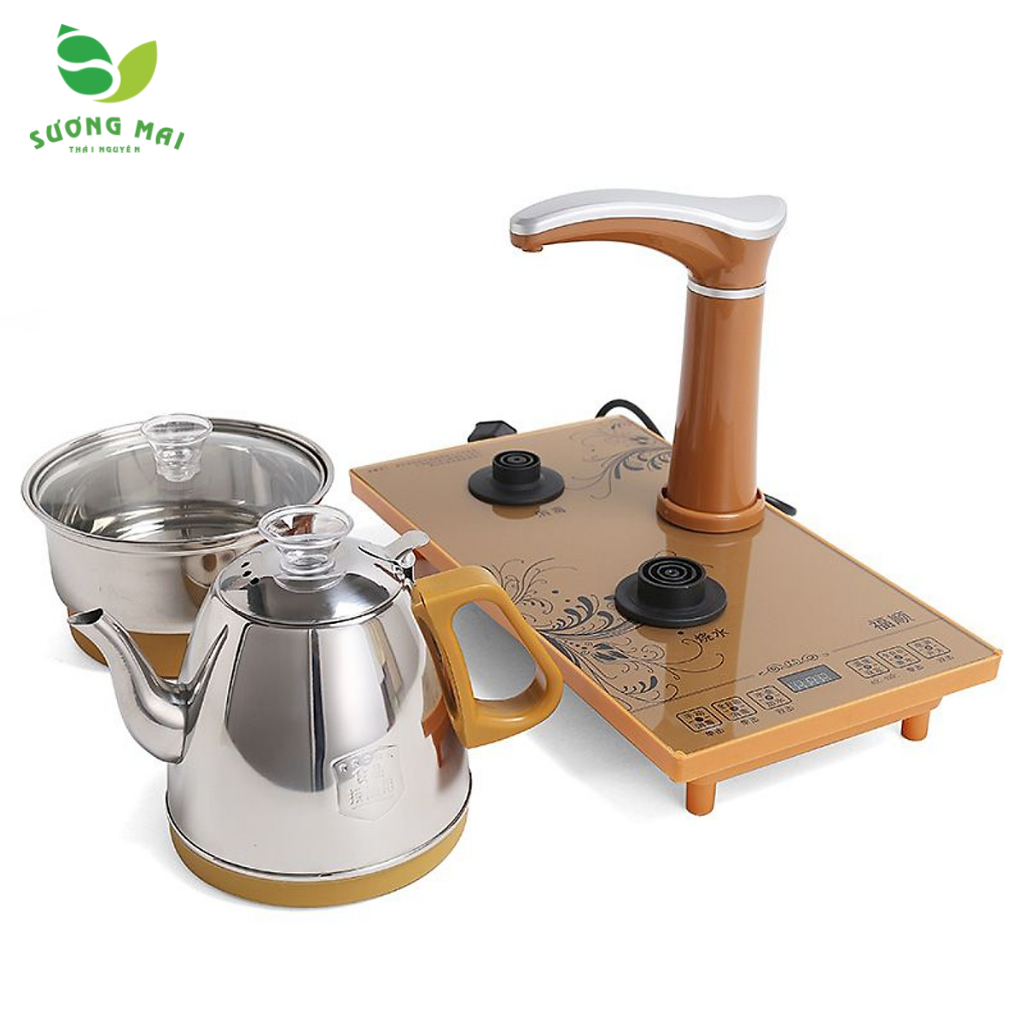 Bàn trà điện thông minh Phúc Lộc – Ấm chén nâu trắng