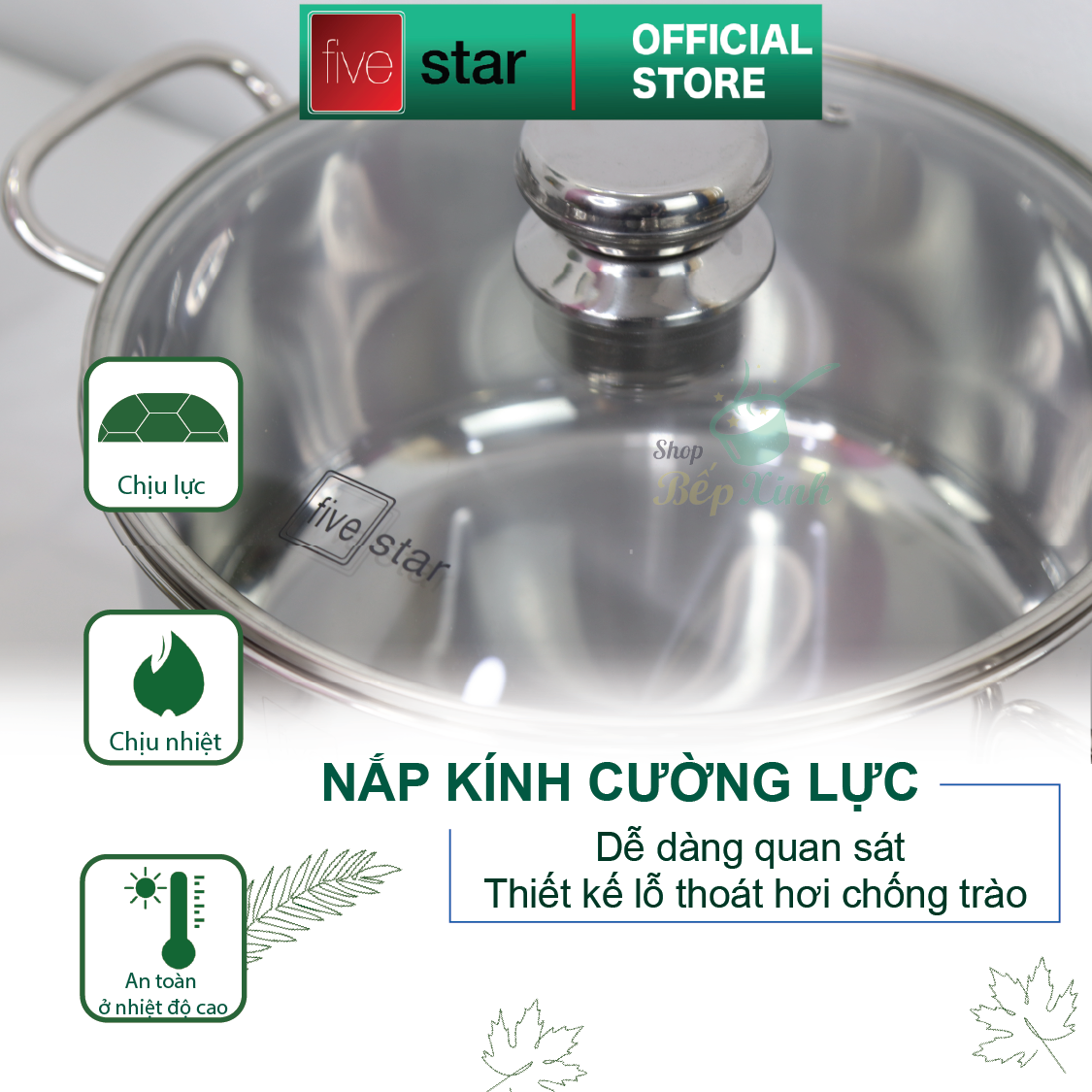 Bộ Nồi 5 Đáy Cao Cấp Bếp Từ Fivestar FSB55D001 Nắp Kính Inox 430 , tặng 1 vá canh