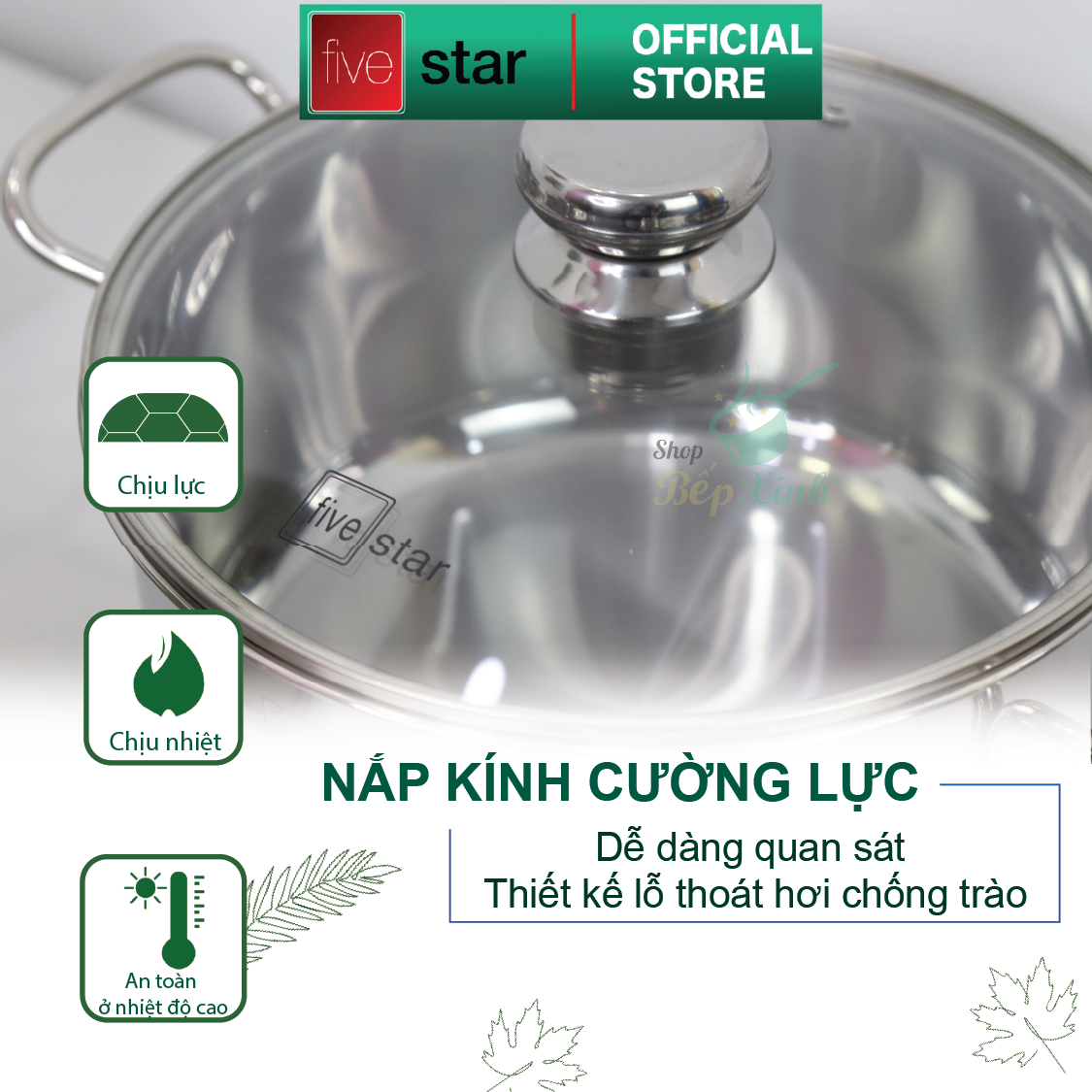 Bộ Nồi 5 Đáy Cao Cấp Bếp Từ Fivestar FSB55D001 Nắp Kính Inox 430 ( 1 quánh16cm x N18cm x N20cm x N24cm x C 24cm ) , tặng 1 vá canh