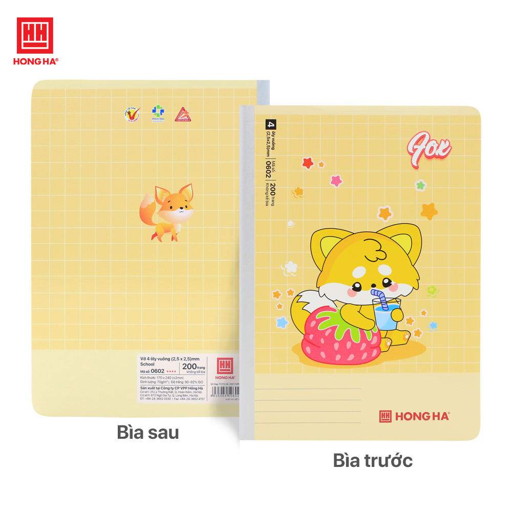 Vở 4 ô ly 200 trang Hồng Hà School Fox gáy may định lượng 70gsm - 0602
