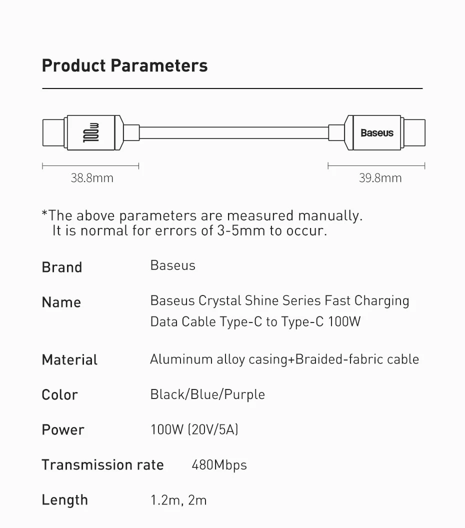 Cáp sạc nhanh siêu bền C to C 100W Baseus Crystal Shine CAJY000601 (1.2m) - Hàng chính hãng