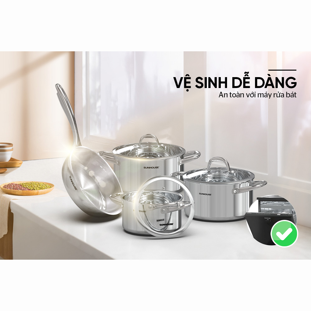 Bộ Nồi Chảo Inox 304 Đáy Liền Sunhouse SHG808