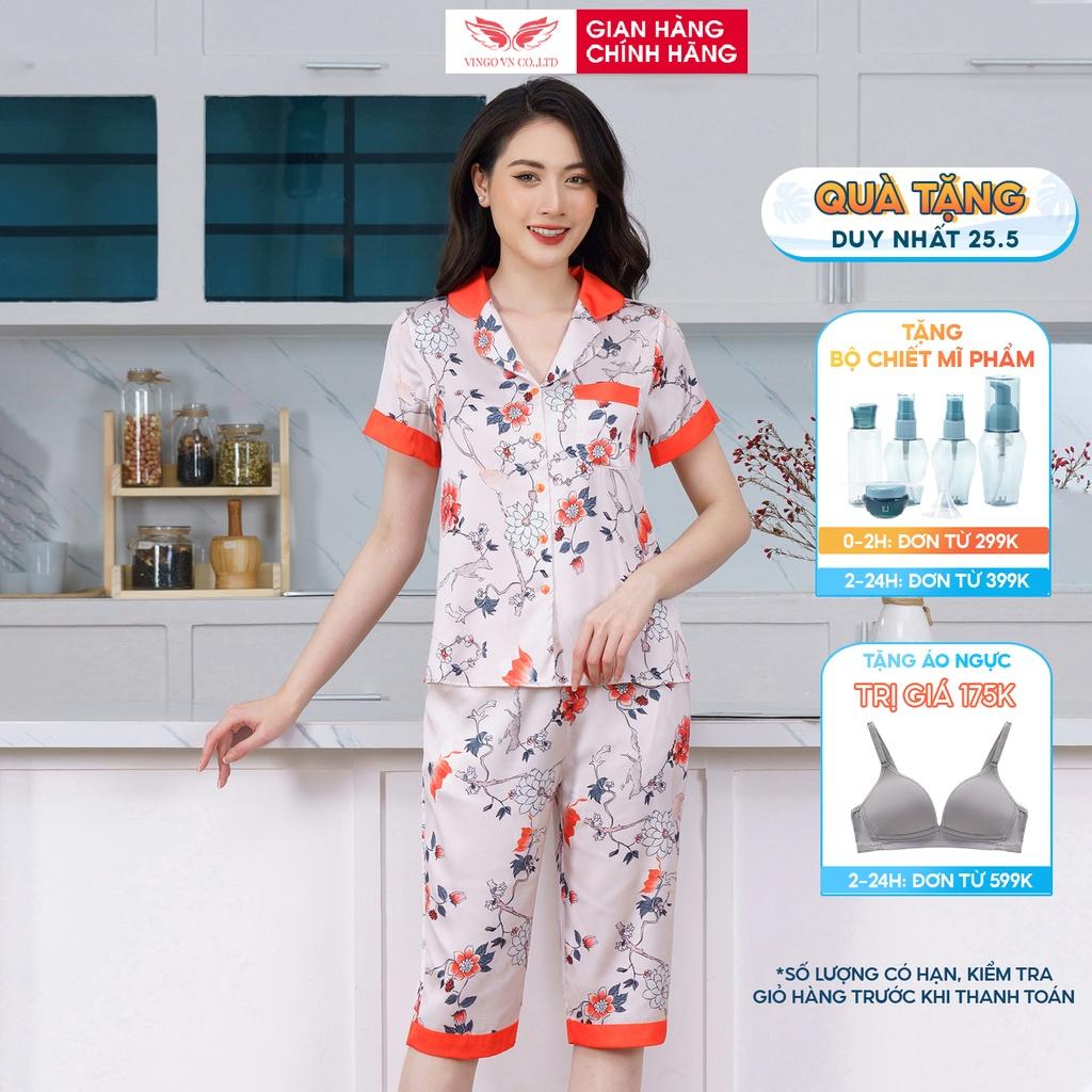 Đồ bộ nữ pijama lụa Pháp mềm mát mặc nhà mùa Hè VINGO tay cộc quần lửng họa tiết hoa màu cam thanh lịch H631 VNGO