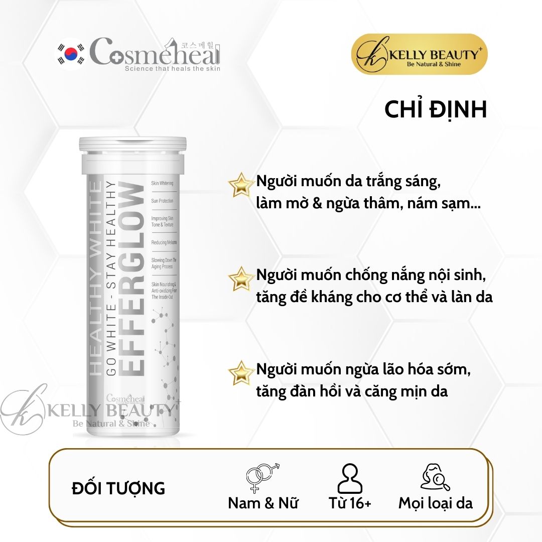 Viên Uống Sáng Da Cosmeheal EfferGlow - Chống Nắng Nội Sinh; Da Trắng Sáng, Mờ Thâm Nám Sạm | Kelly Beauty