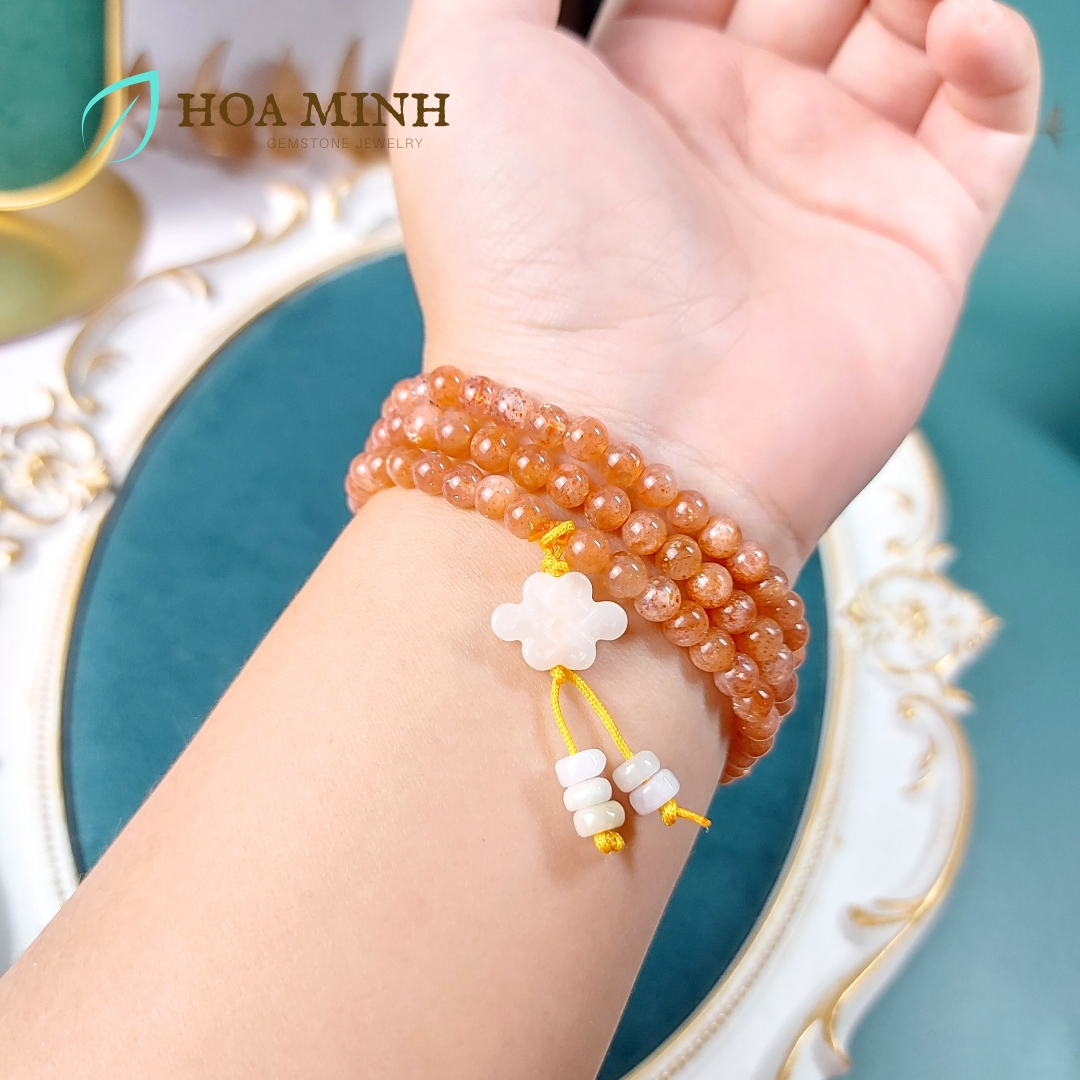 Vòng tay phong thủy đá Mặt Trời Sunstone chuỗi 108 hạt 6 li mix charm Cát Tường Bạch Ngọc, đá Cẩm Thạch bánh xe