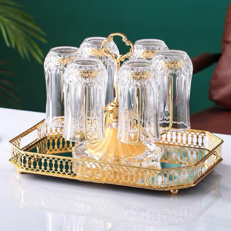 Combo bộ bình 6 cốc thuỷ tinh uống nước kèm giá úp và khay gương sang trọng