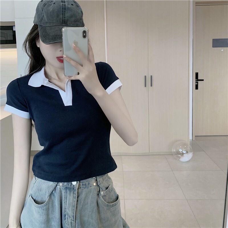 Áo PoLo Croptop Phối Viền Nút Gài Tay Ngắn Đơn Giản Thời Trang Cho Nữ Của SANMAY- A0006