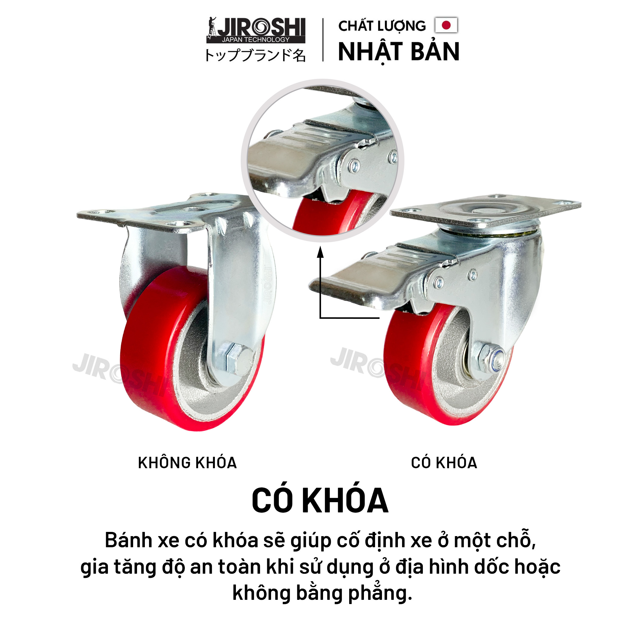 Bánh xe đẩy hàng tải trọng lớn chống ồn PU cốt Gang JIROSHI Nhật Bản, Bánh xe đẩy hàng êm chịu lực cao cấp.