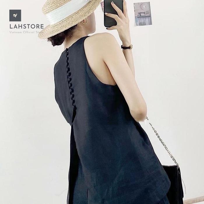 Bộ linen nữ sát nách LAHSTORE, dáng yếm nút xẻ sau trẻ trung năng động