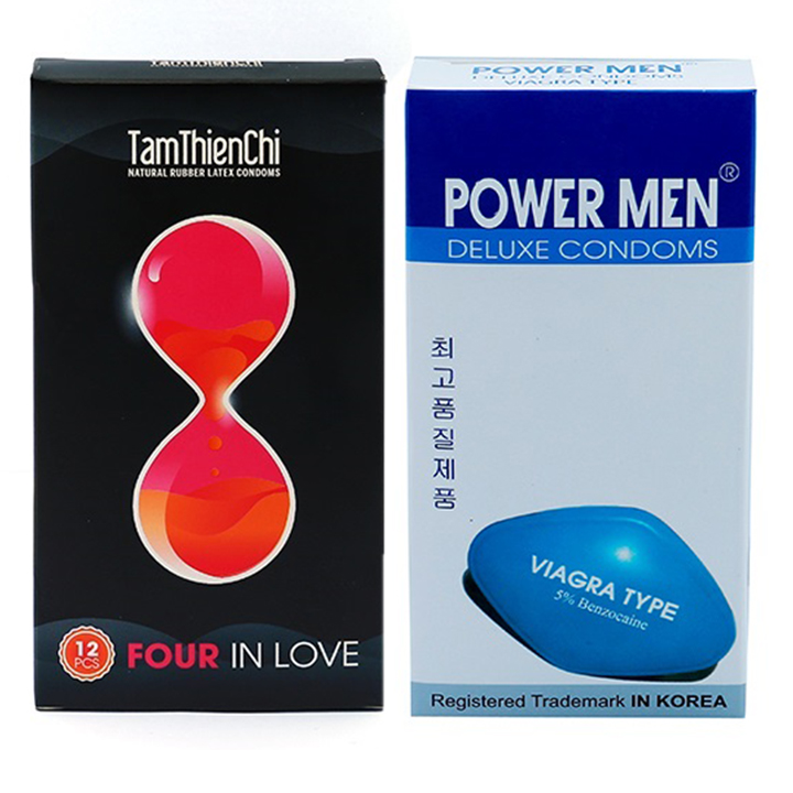 Bao cao su Powermen Viagra siêu mỏng kéo dài hộp 12 cái và 1 hộp Bao cao su Tâm Thiện Chí Four In Love bi chấm kéo dài hộp 12 cái