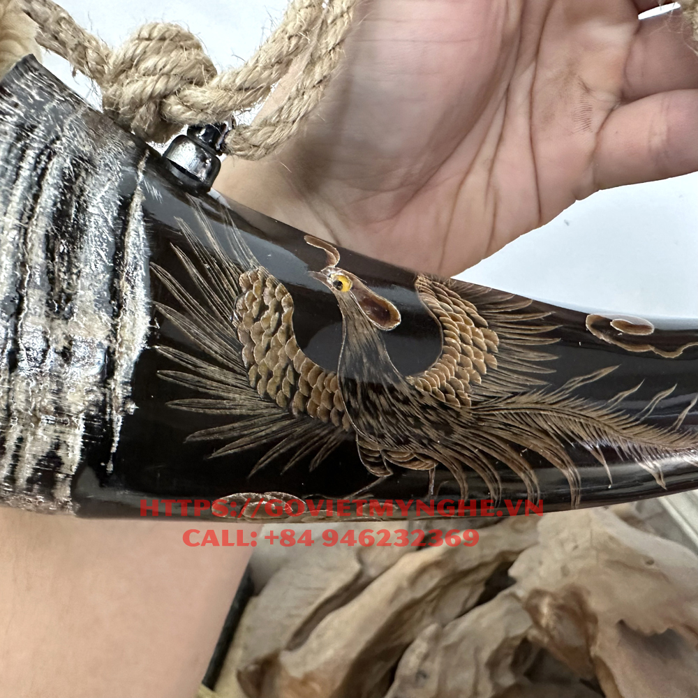 Kèn tù và sừng trâu tự nhiên - điêu khắc hình chim Phụng - Lưỡi gà bằng đồng cho âm thanh to vang xa - Màu sắc sừng tự nhiên