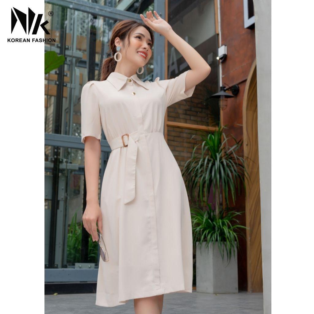 Váy Thiết Kế Công Sở NK Fashion Cổ Đức Tay Lỡ Kèm Đai Eo, Vải Nhập Hàn Cao Cấp NKDV2104004