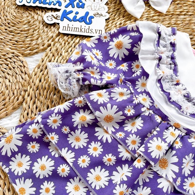 Váy Cúc Tím 3 Tầng Bé Gái 4 Đến 28kg, Đầm Bé Gái Chất Lụa Phối Ren