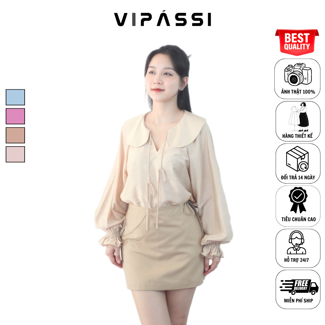 VIPÁSSI Áo Sơ Mi Nữ Cổ Sen Dây Thắt Nơ Dài Tay Phồng Bo Chun Linen Tơ