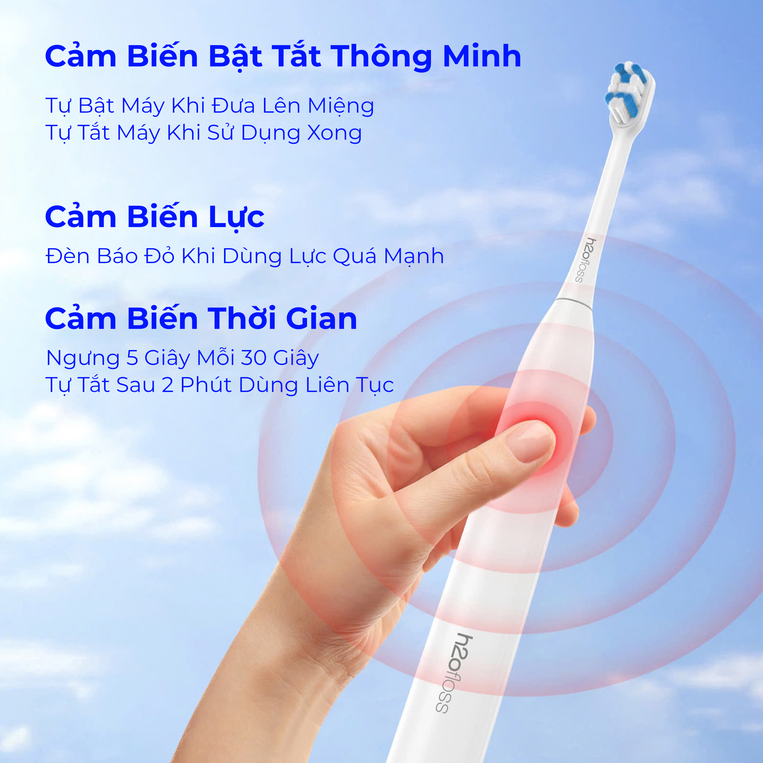 Bàn chải đánh răng điện H2ofloss BT 01, bản nâng cấp với cảm biến lực và tính năng tự bật tắt