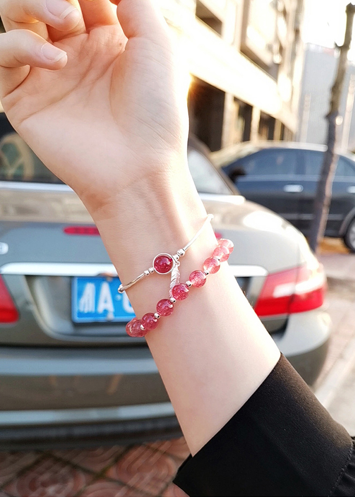 Vòng đôi đá thạch anh dâu phối charm lá bạc mệnh hỏa, thổ - Ngọc Quý Gemstones