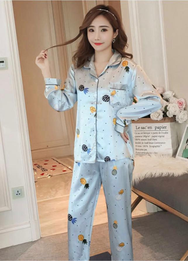 Bộ đồ ngủ phi lụa tay dài quần dài hoạ tiết trái thơm dễ thương CDANP11