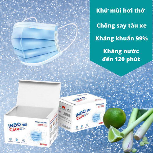 [ComBo Du Lịch 20] cái Khẩu Trang Tinh Dầu Chanh Sả Chống Say Tàu Xe - Khử Mùi Hơi Thở INDO CARE / Kháng Khuẩn 99% 4 lớp + Chai Nước Rửa Tay Khô chiết xuất Lá Ổi 100ml