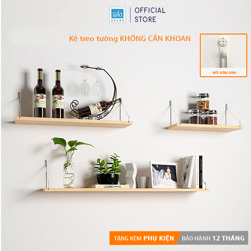 Kệ Gỗ Trang Trí Treo Tường Không Cần Khoan Với Móc Treo Inox Và Đầy Đủ Phụ Kiện Kt02 - Vân Sồi - 3 Kệ 40Cm, 60Cm Và 80Cm