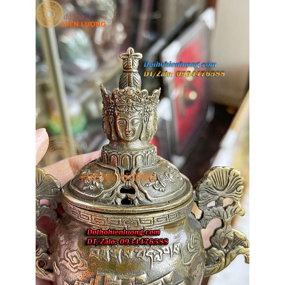 Lư Xông Trầm Màu Nâu Nắp Phật Tứ Diện Cao 15cm Bằng Đồng Hun nguyên Chất
