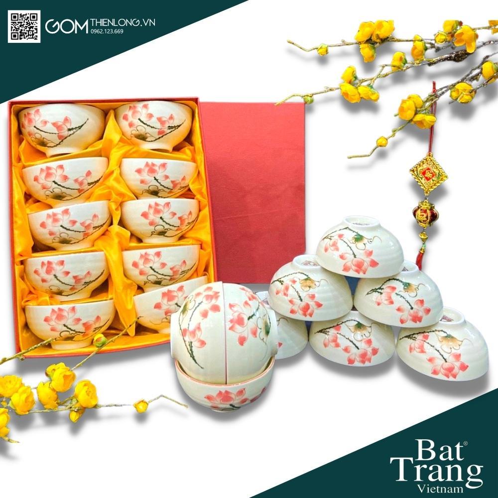 Bát Đĩa Quà Tặng Cao Cấp Sen Hồng - Bộ Bát Đĩa Bát Tràng Chính Hãng Loại 1 - Gốm Thiên Long