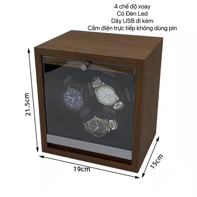 ￼Hộp Đồng Hồ Cơ Xoay Chất Liệu Gỗ Có Mặt Kính Và Đèn Led Dành Cho 3 Chiếc