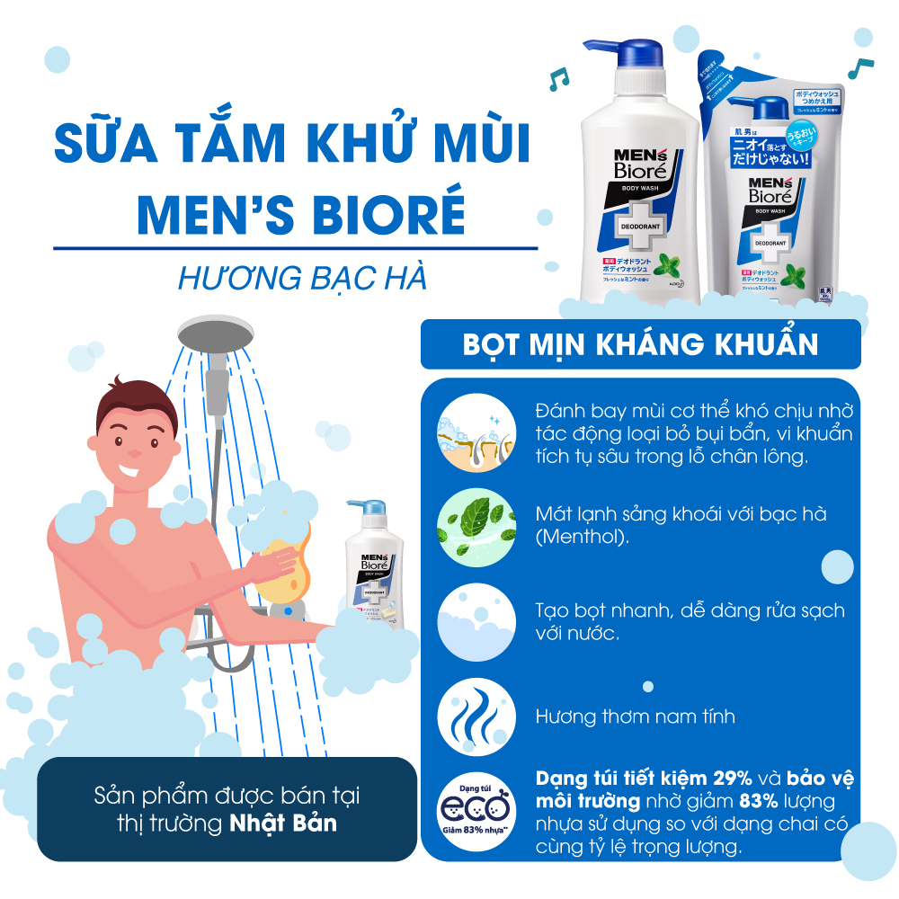 Sữa Tắm Khử Mùi Men's Bioré - Bạc Hà Mát Lạnh (Túi) 380ml