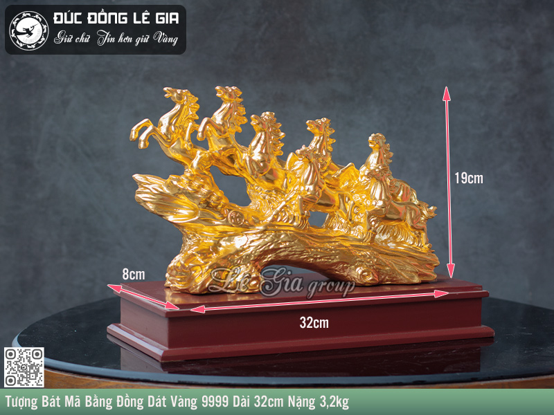 Tượng Bát Mã Bằng Đồng Dát Vàng 9999 Dài 32cm