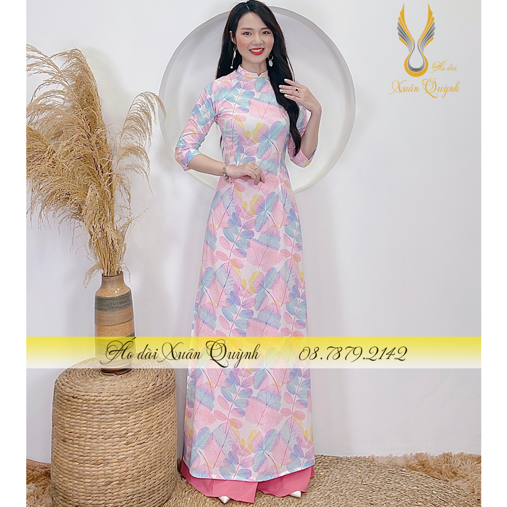 Áo Dài Hoạ Tiết Lá Ombre Hồng Trẻ Trung, Thanh Lịch Tôn Dáng Lụa Habutai Cao Cấp K76