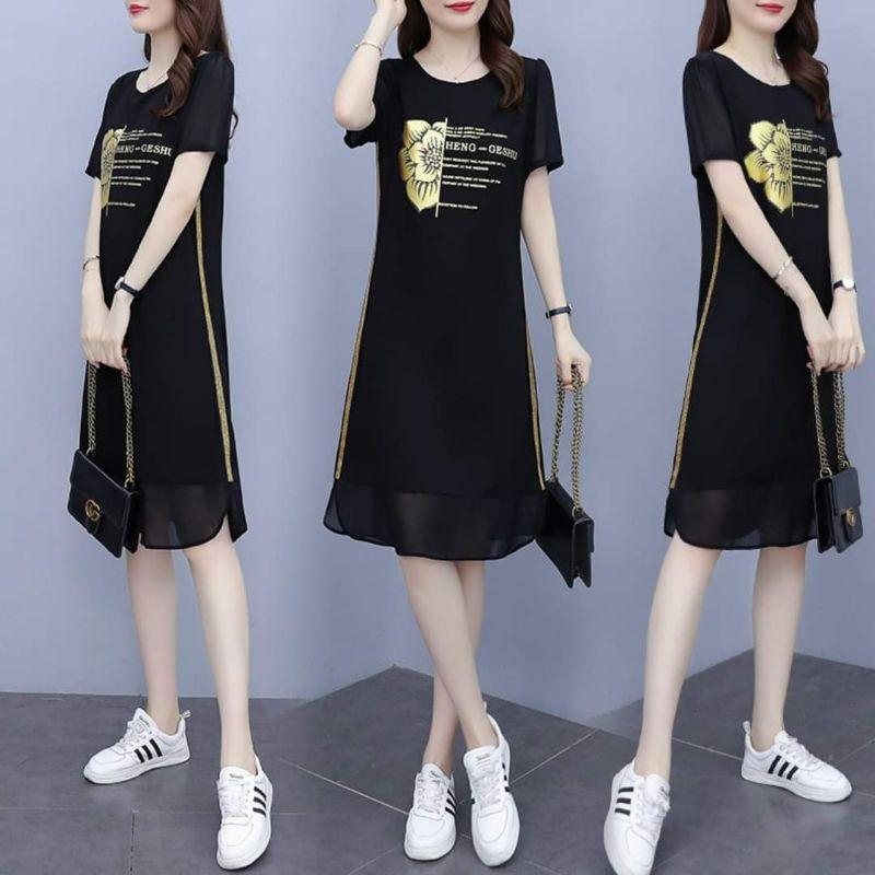 HÀNG NHẬP - ĐẦM SUÔNG THUN PHỐI VOAN IN CHỮ VÀ HOA