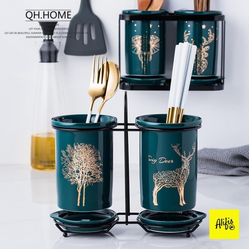 Ống đựng đũa thìa bằng sứ cao cấp phong cách Bắc Âu – xanh cổ vịt sang trọng – HÀNG CÓ SẴN