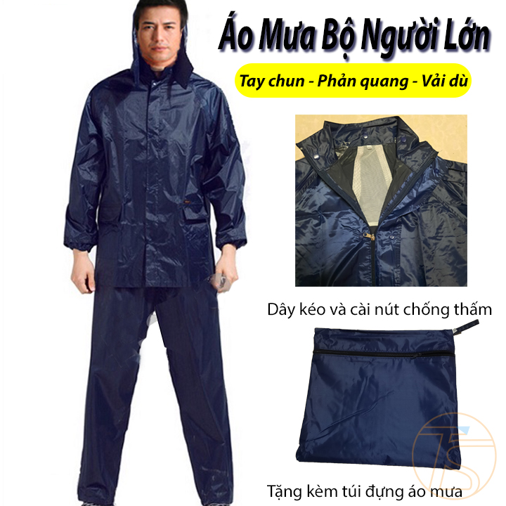 Áo Mưa Bộ Vải Dù Cho Người Lớn Tay Chun Có Nón, Phản Quang Kara house size 2XL-3XL