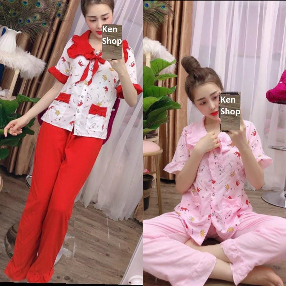 Bộ pijama đũi xốp tiểu thư cổ bèo, quần dài tay ngắn, 40 đến 59kg