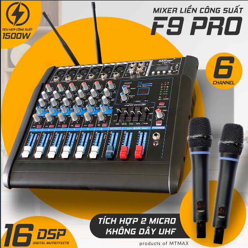 Mixer MTMax F9 Pro liền công xuất chuyên nghiệp tích hợp nhiều chức năng EQ reverb delay echo 16 chế độ kèm 2 micro không dây