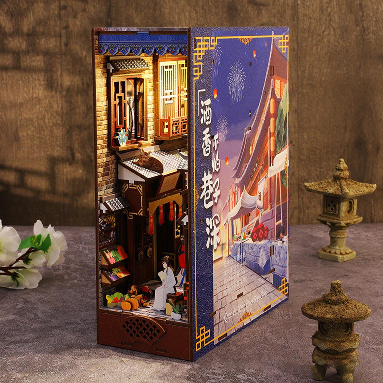 3D Wooden Puzzle Bookend Stand Kit ,DIY Model Miniature Dollhouse Kit unassembled with LED Bookshelf Insert for Gift Boys