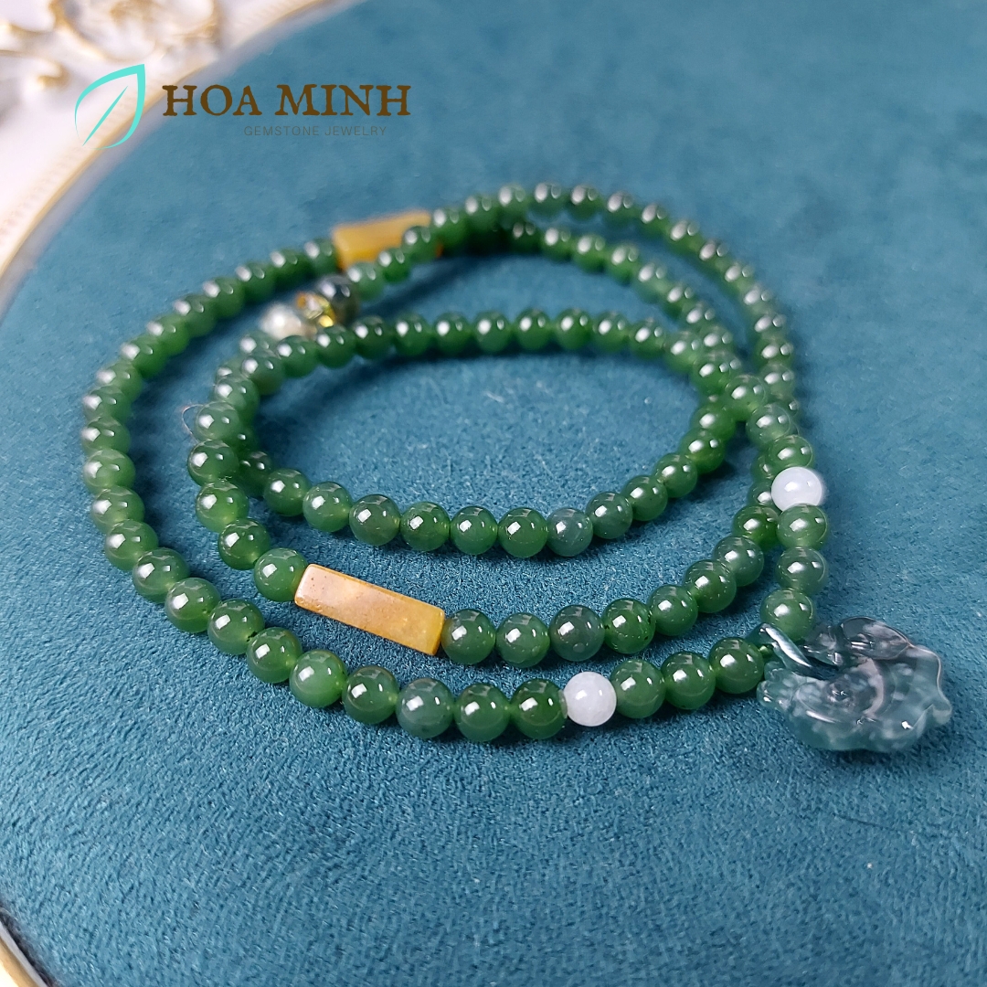 Vòng chuỗi 108 hạt Ngọc Bích Nephrite size 5 li phối Charm Khoá Trường Mệnh Lam Ngọc phong thủy bình an, tài lộc