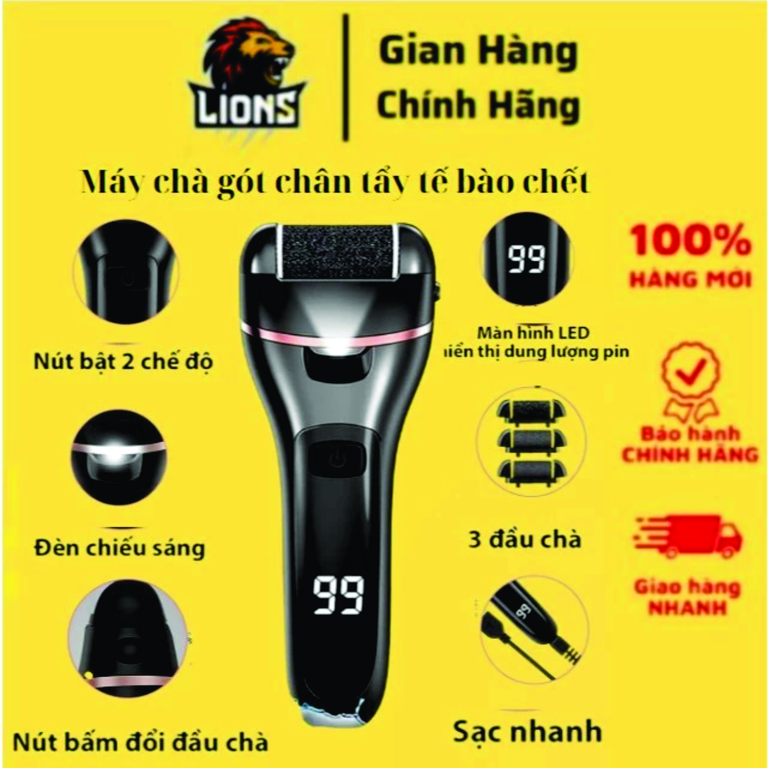 ( Tặng bộ phụ kiện 10 món) Máy chà máy tẩy da chết chân vết chai da khô toàn tự động đèn led, ,Mịn Màng Cho Từng Bước Đi Cao Cấp